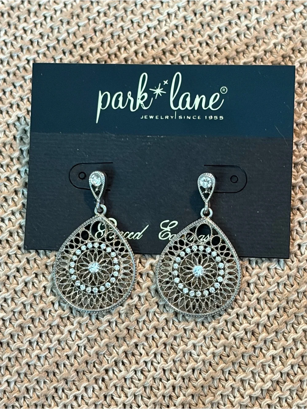 Park Lane Silver Filigree Drop Earrings with Clear Crystals
